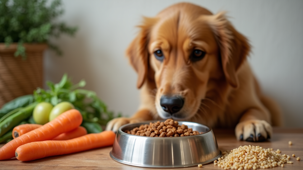 A bowl of organic dog food next to fresh vegetables, dog treats, and a happy dog.