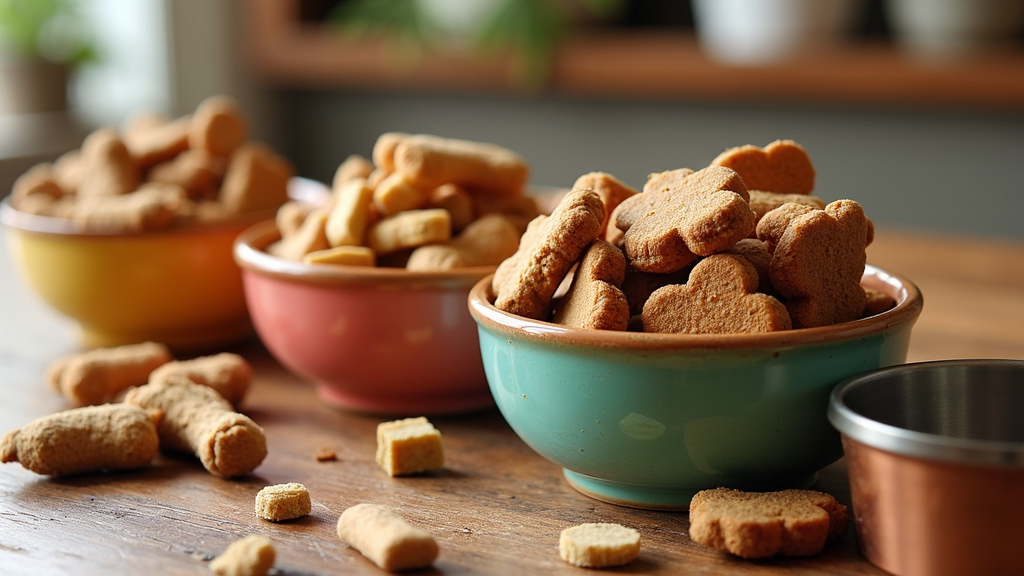 A colorful assortment of organic dog treats displayed in bowls with dog toys and a water bowl nearby.