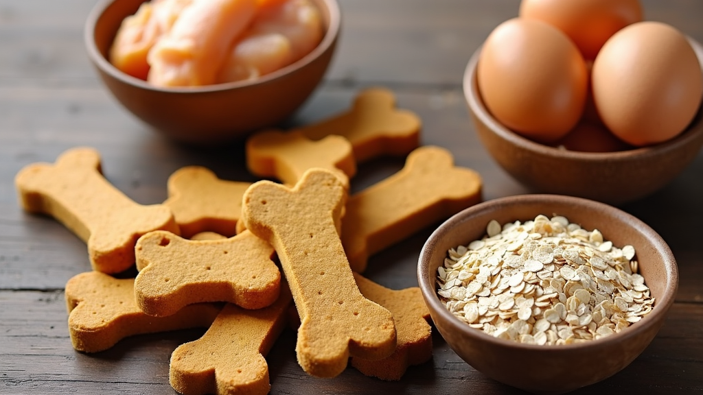 A pile of homemade high protein dog treats shaped like bones on a wooden surface.