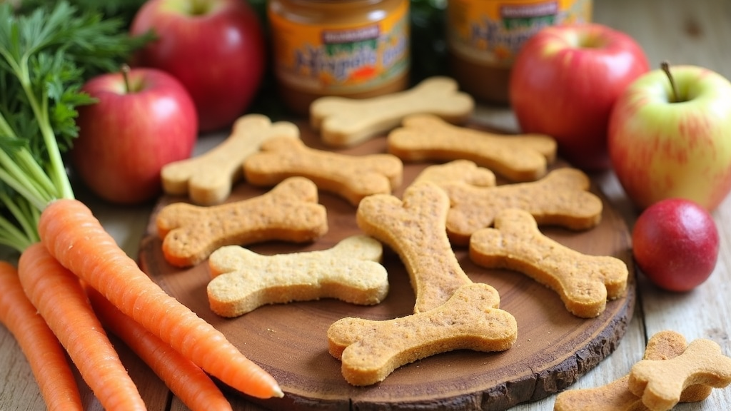 A variety of colorful homemade dog treats shaped like bones on a wooden board, surrounded by carrots, apples, and peanut butter jars.