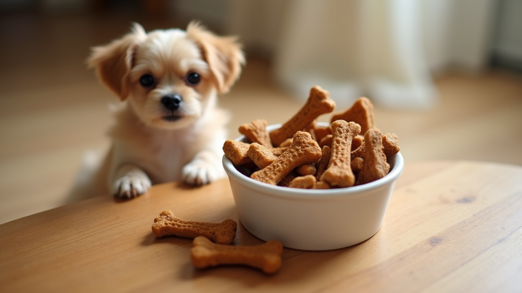 assorted dog treats in a bowl and small dog waiting nearby