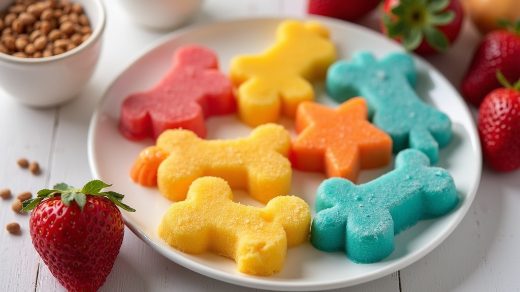 Colorful frozen dog treats in a bowl, surrounded by fresh fruit and ice cubes
