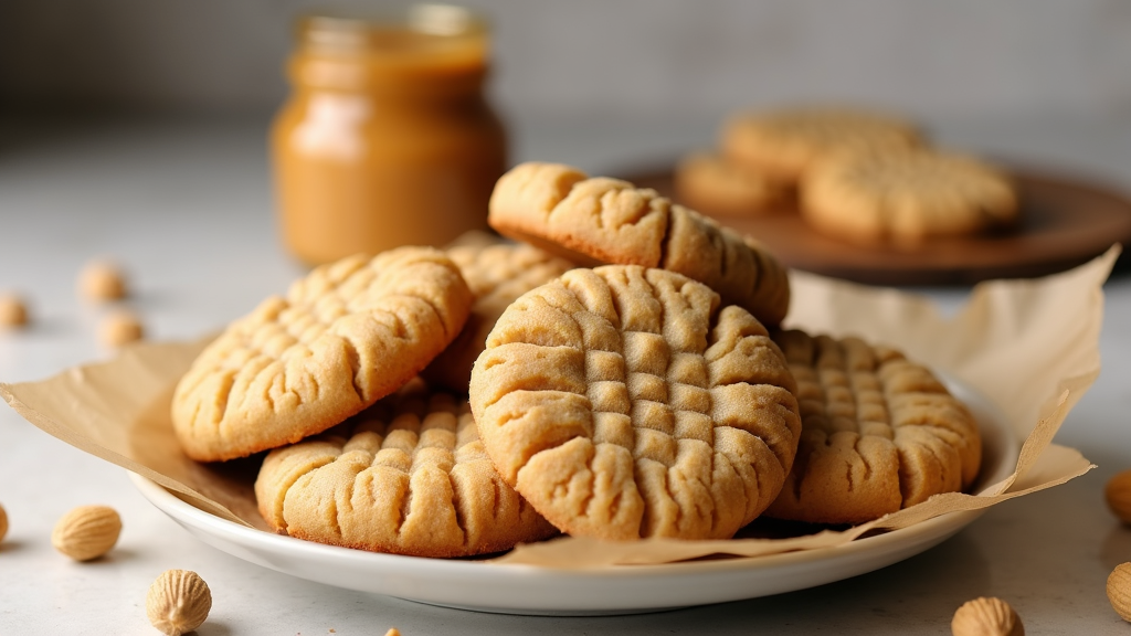 Fresh gluten free peanut butter cookies on a cooling rack with peanut butter jar and peanuts nearby