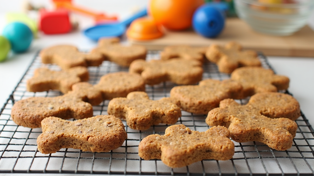 Freshly baked homemade dog treats on a cooling rack next to colorful baking utensils and dog toys.