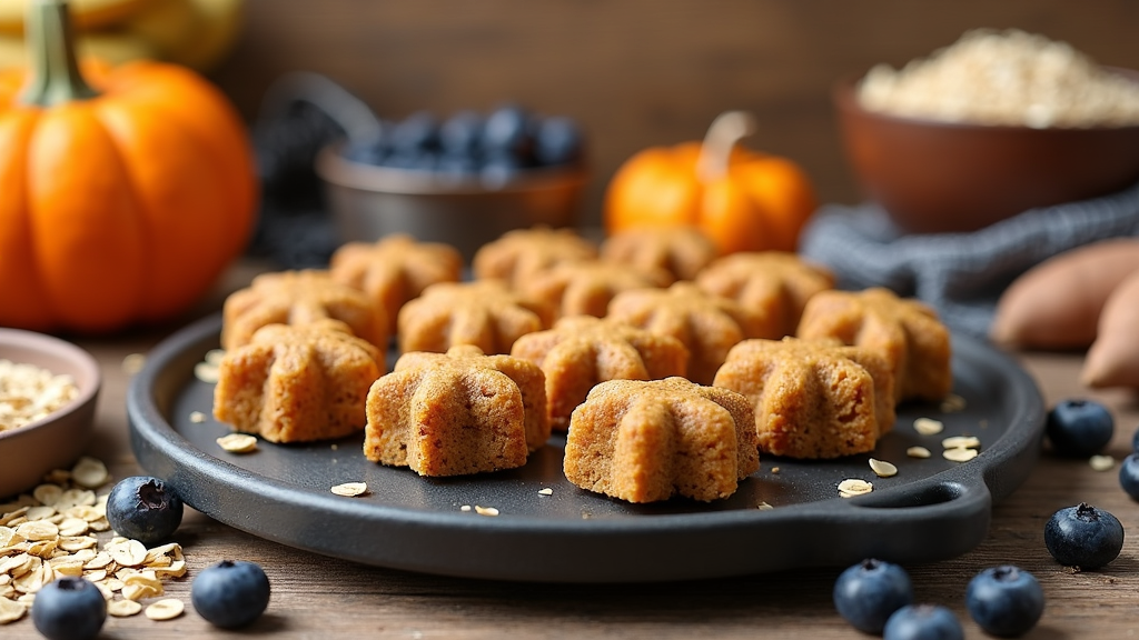 Homemade dog treats on a baking sheet surrounded by fresh ingredients