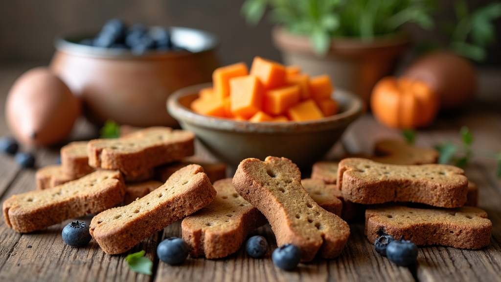 Organic grain-free dog treats arranged on a wooden table next to a bowl of fresh ingredients